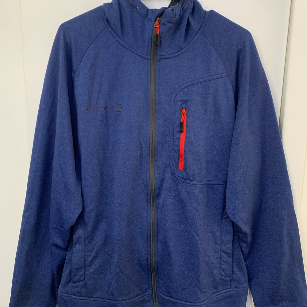 Free Country Blue and Red Puffer Jacket with Stand-Up Collar